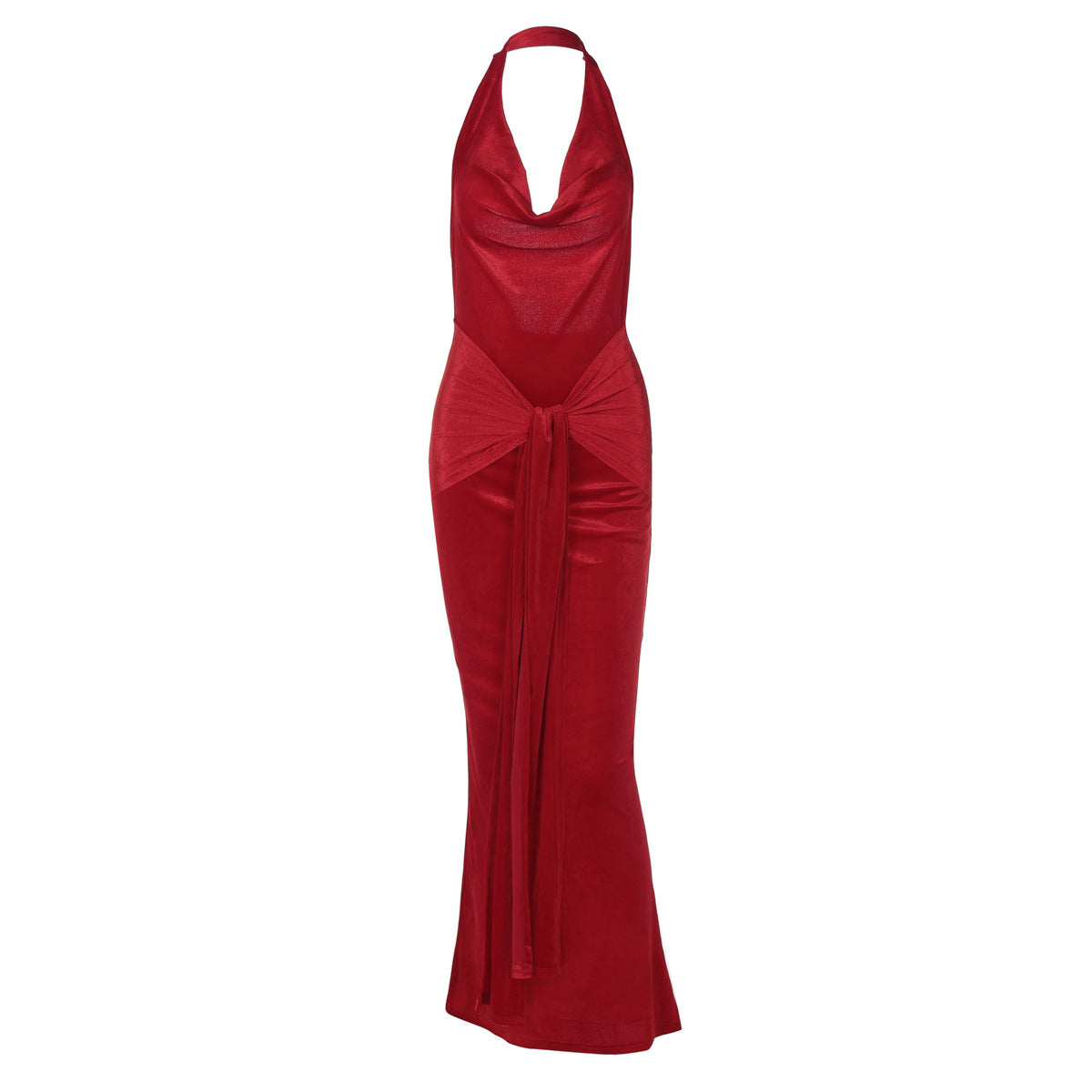 Solid Color V neck Backless Halter Dress Women