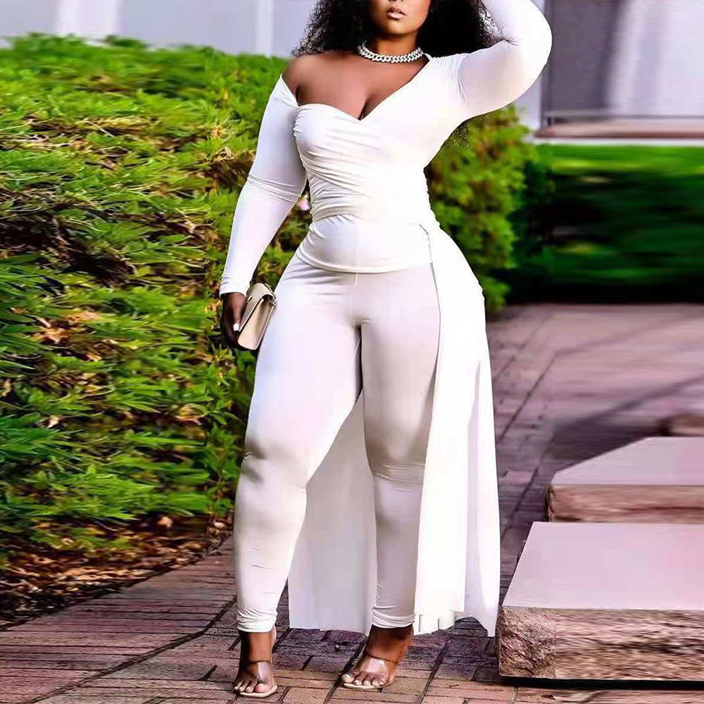Plus Size Sexy Casual Wrapped Chest Irregular Asymmetric Blouse Pants Solid Color Two-Piece Set