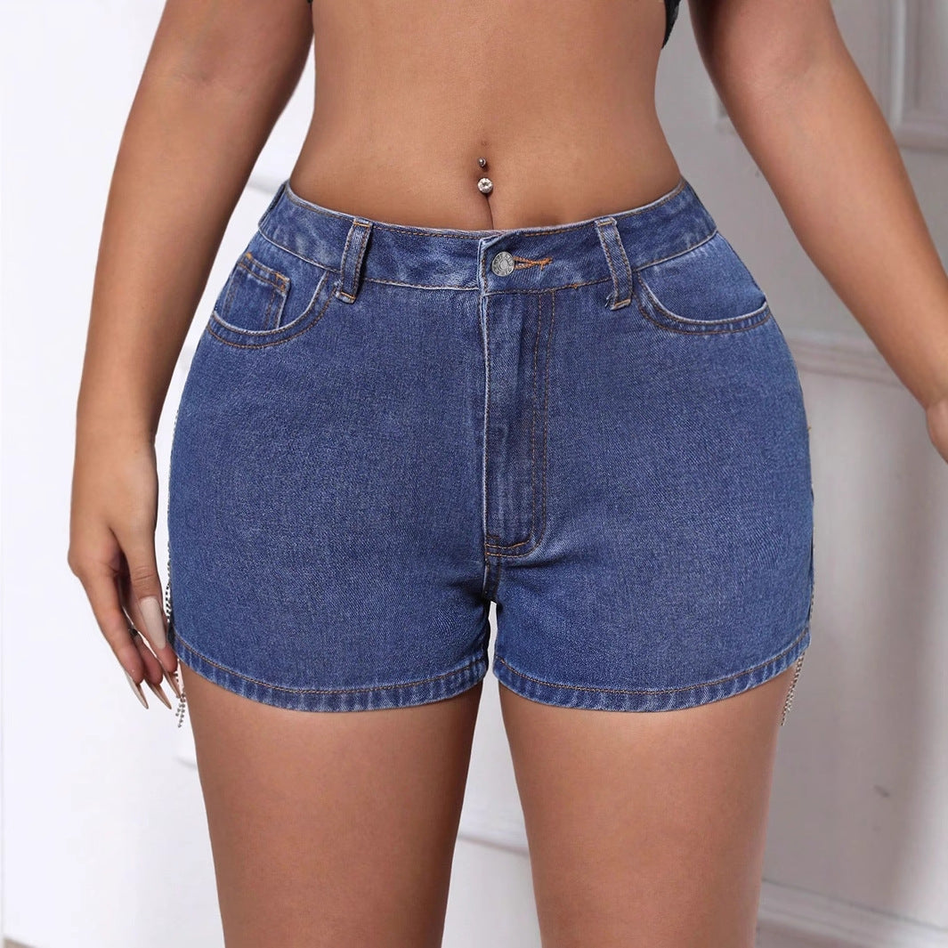 Women Clothing Casual Chain Tassel Ripped Denim Shorts