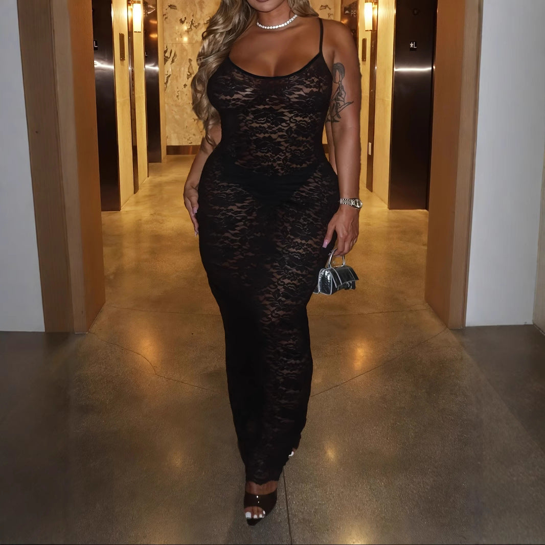 Pure Sexy Solid Color Lace Waist Slimming Sling Dress