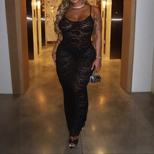 Pure Sexy Solid Color Lace Waist Slimming Sling Dress