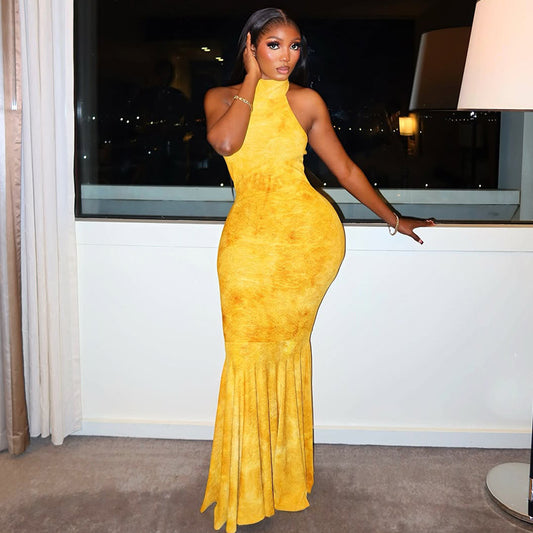 Elegant  Fishtail Skirt Sexy Backless Turtleneck Maxi Dress