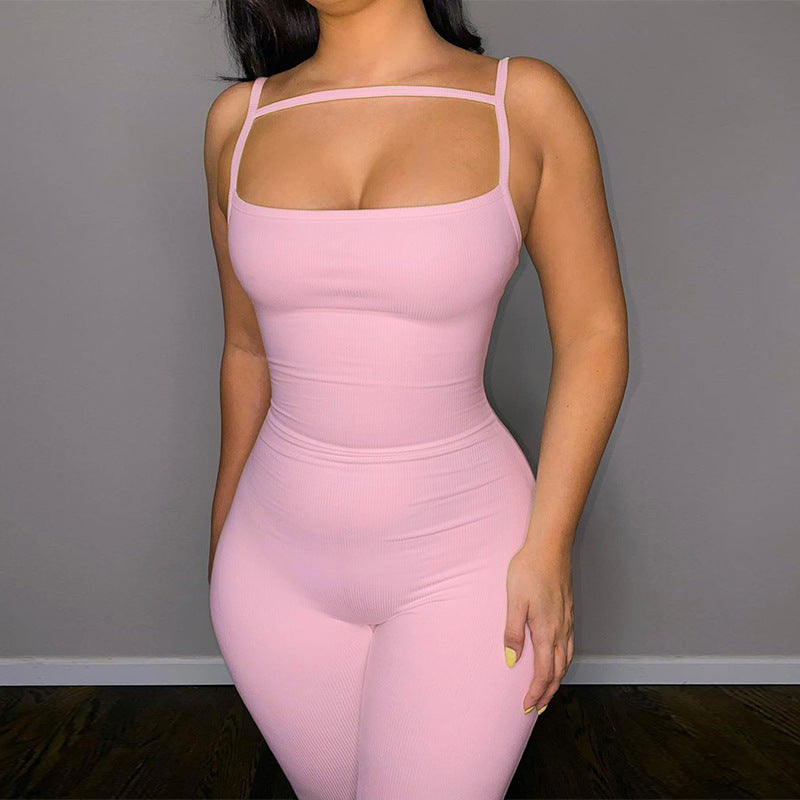 Women Clothing Summer Sexy Slim Bottoming Sunken Stripe Suspender Jumpsuit