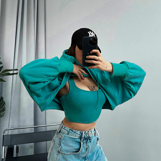 Crop Drawstring Solid Color Hoodie with Tank