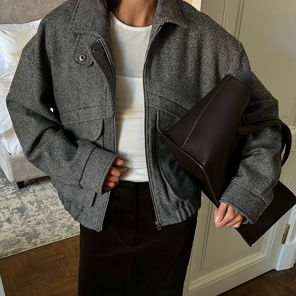 Herringbone Pattern Stand Collar Jacket