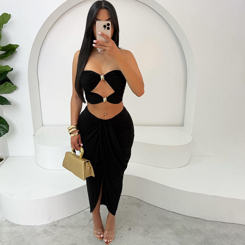Hollow Out Cutout  Tube Top Split Skirt Set