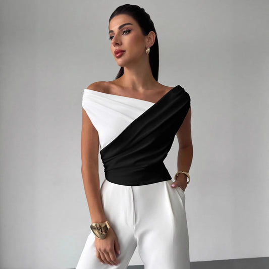 Summer Color Matching Shoulder Pleated Slim Fit Slimming All Matching Graceful Office Top Women