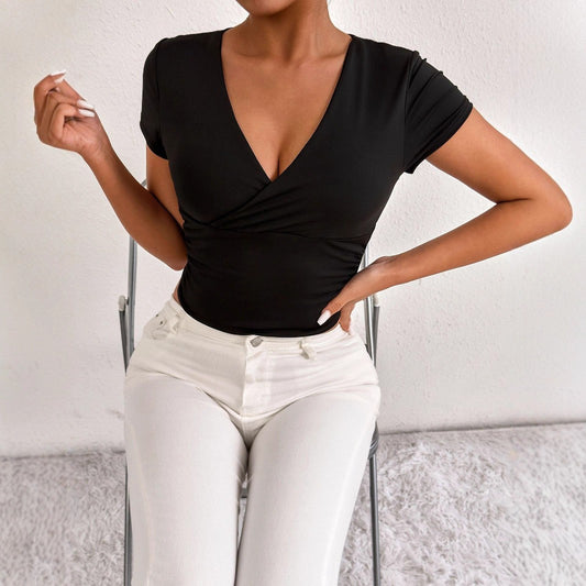 Women Sexy V neck Short Sleeved Top Summer Arrival Slim Fit Sexy T shirt