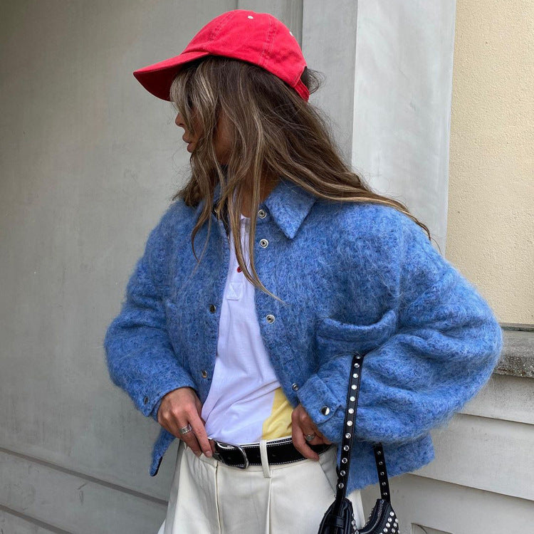 Klein Blue Collared Long Sleeved Woolen Jacket