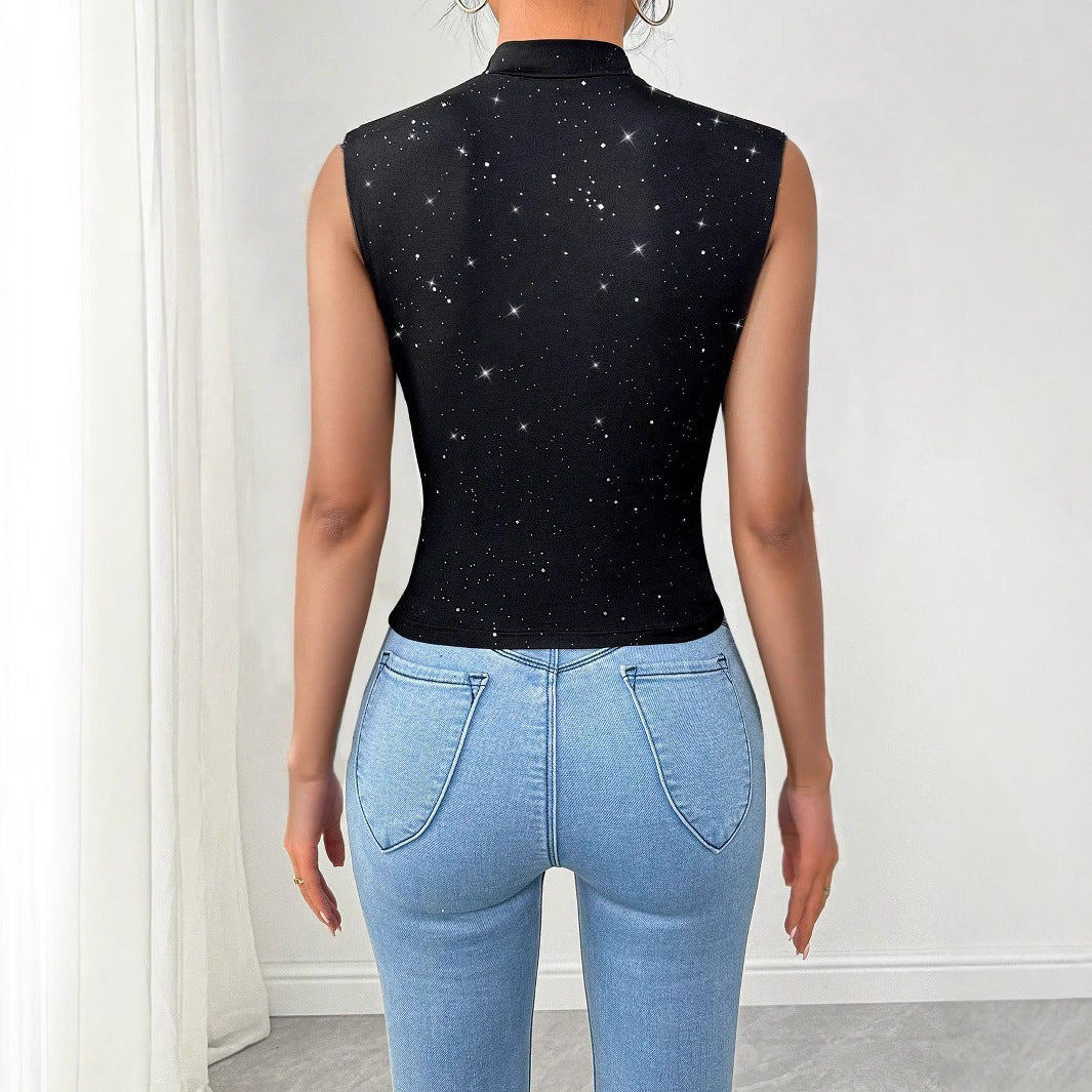 Summer Women V neck Shiny Sequined Decorative Sleeveless Top