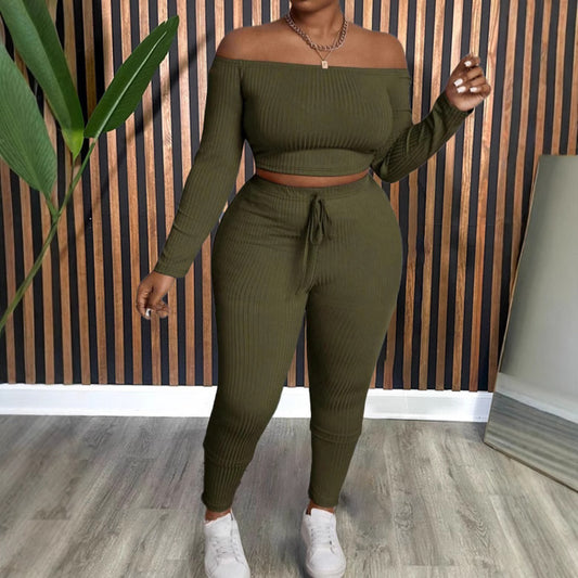 Plus Size Women Office Comfortable Solid Color off Shoulder Long Sleeve Blouse Pants Sets