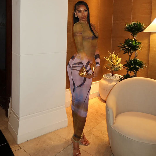 Retro Long Sleeve Mesh Maxi Dress