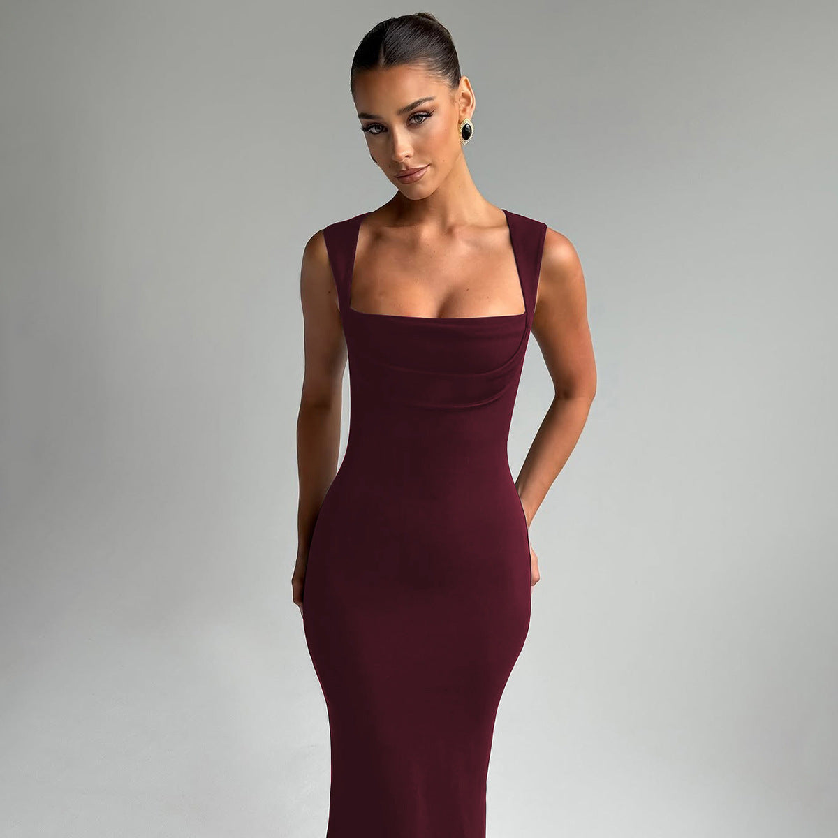 Square Collard Sleeveless Waist Slimming Dress