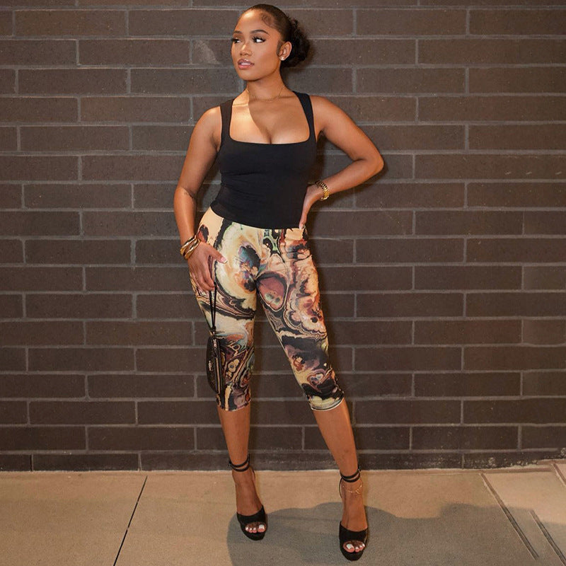 Women Clothing Spring Summer Blooming Printing Elastic High Waist Hip Elastic Cropped Casual Pants