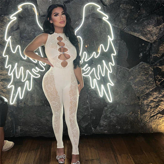 Spring Women Sexy Jacquard Fishnet Clothes Solid Color Hollow Out Cutout out High Elastic Tight Jumpsuit