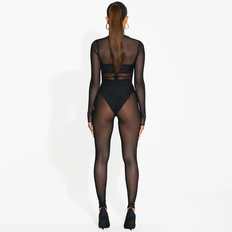 Long Sleeve Mesh Trousers Autumn Women Clothing Sexy See through Jumpsuit
