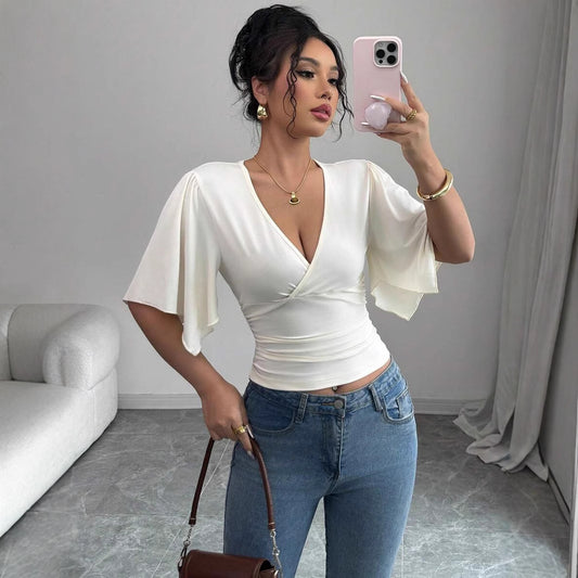 Summer Slim Fit Cross V neck Pleated Pullover Bell Sleeve Solid Color T shirt