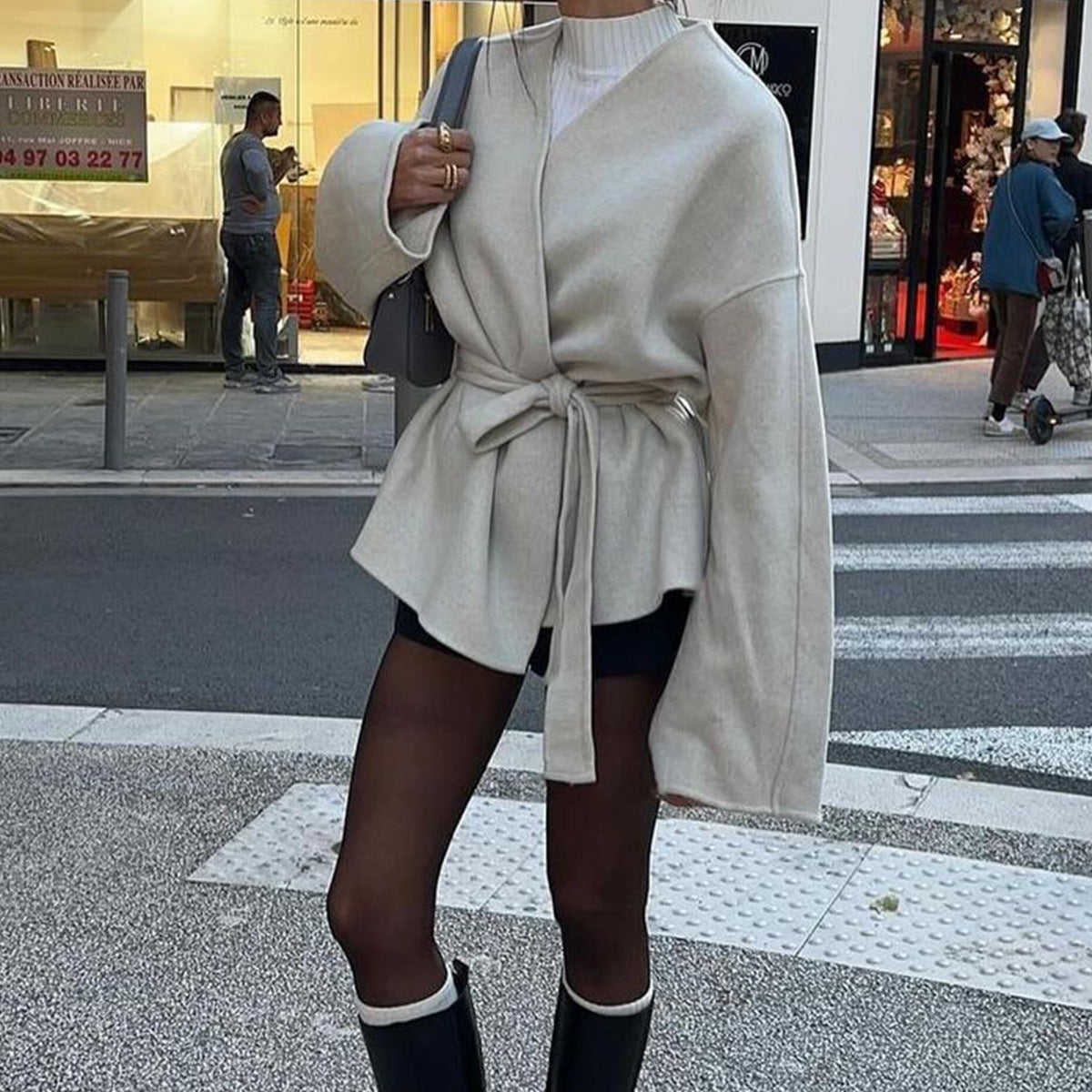 Lady Solid Color Bell Sleeve Belt Trench Coat Women Clothing