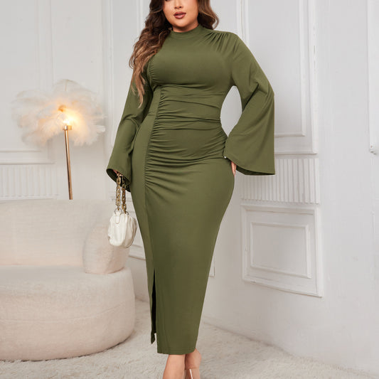 Solid Color Turtleneck low Slit Dress