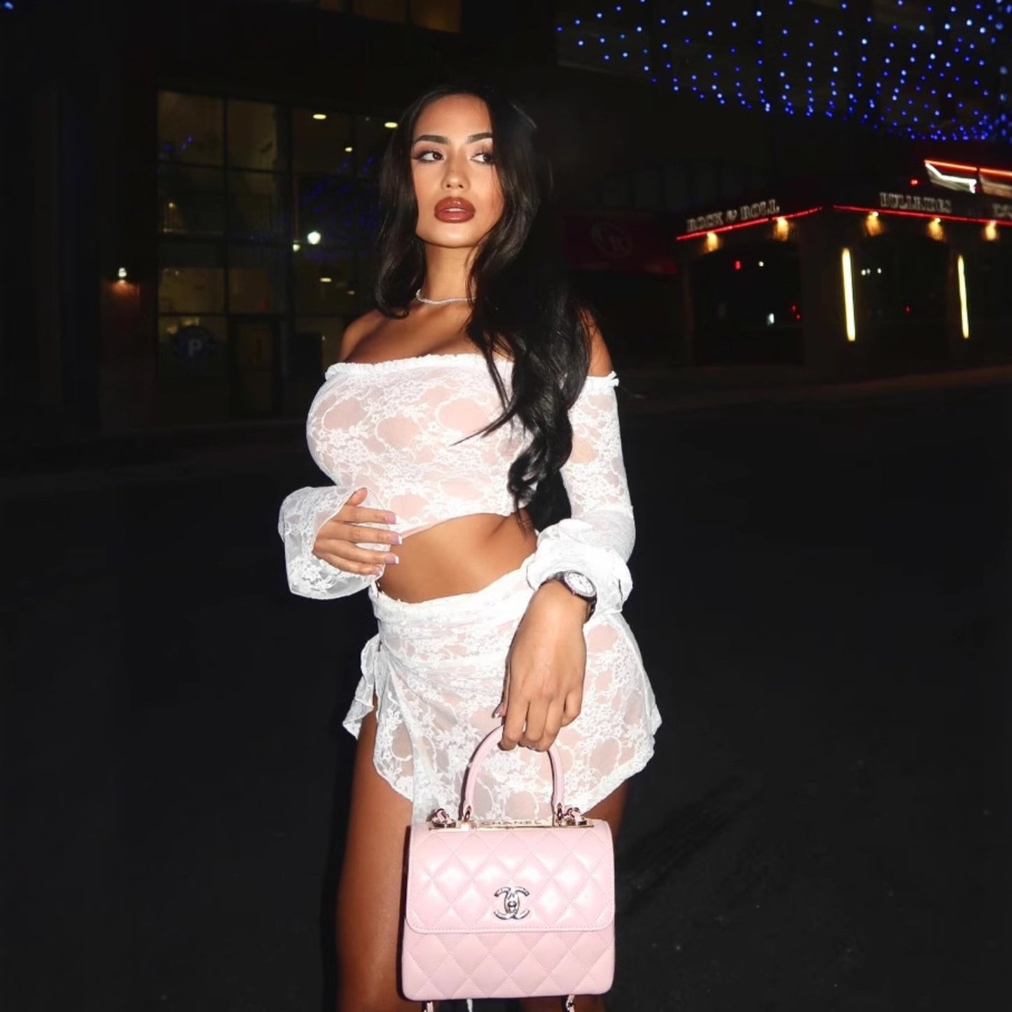 Long Sleeved Cropped Lace Sexy off the Shoulder Two -Piece set