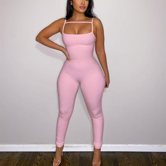 Women Clothing Summer Sexy Slim Bottoming Sunken Stripe Suspender Jumpsuit