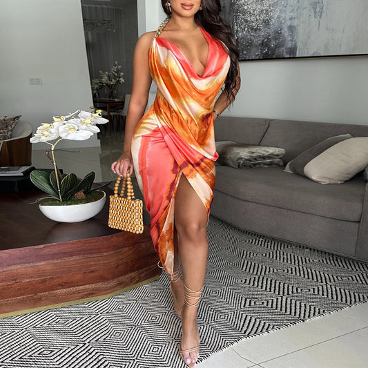 Sexy Backless Tie Dyed Silk Satin Swing Dress