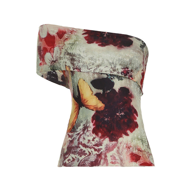 Summer Women Clothing Street Sexy off Shoulder Retro Printed Slim Design Short Sleeve T shirt for Women