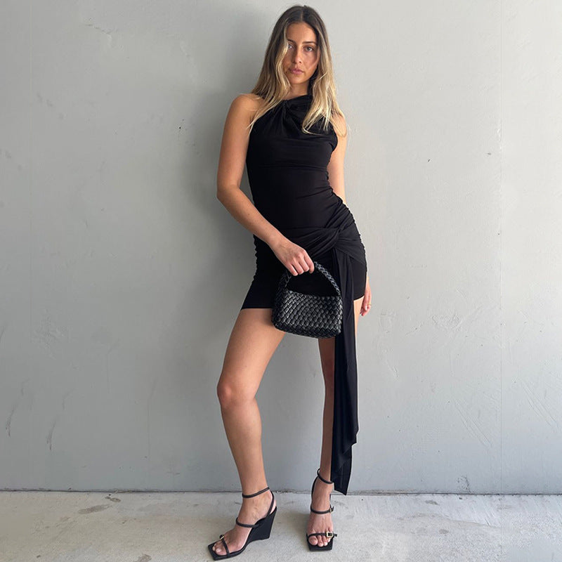 Solid Color Lace up Pleated Half Sleeved Dress