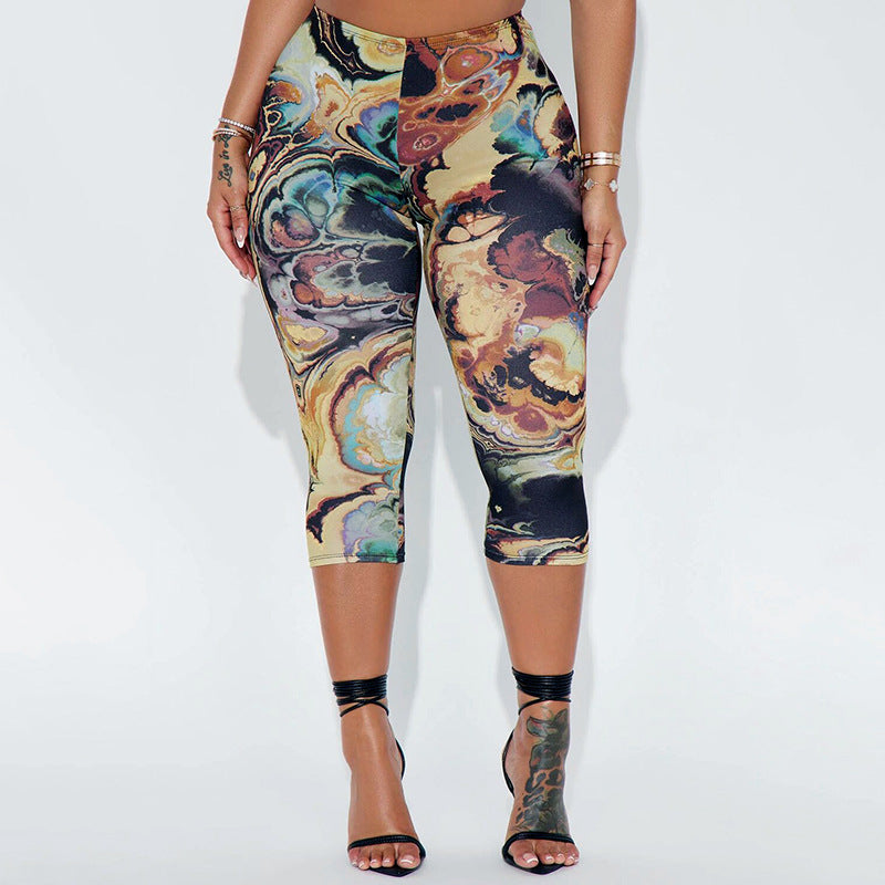 Women Clothing Spring Summer Blooming Printing Elastic High Waist Hip Elastic Cropped Casual Pants