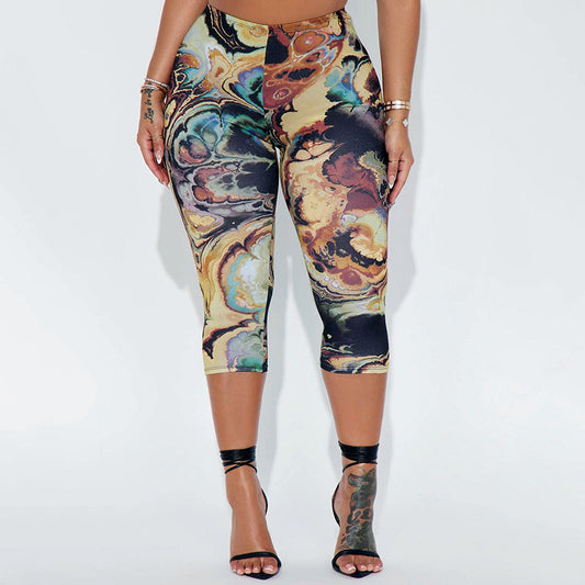 Women Clothing Spring Summer Blooming Printing Elastic High Waist Hip Elastic Cropped Casual Pants