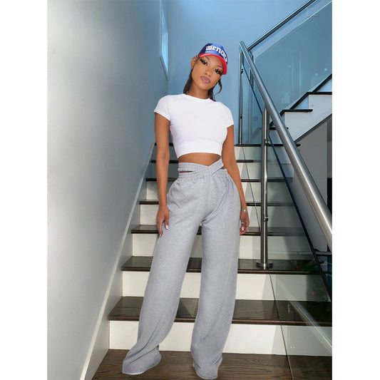Women Clothing Nightclub Uniforms Solid Color Double-Layer Waistband Sports Casual Wide-Leg Pants