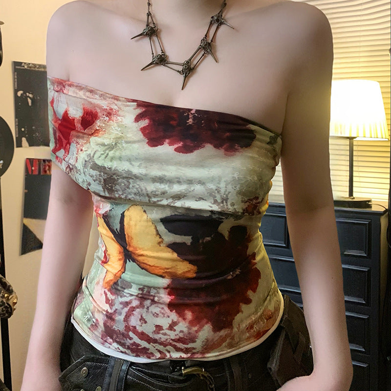 Summer Women Clothing Street Sexy off Shoulder Retro Printed Slim Design Short Sleeve T shirt for Women