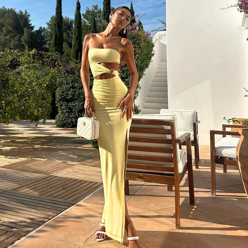 Sexy Tube Cutout Split Yellow Maxi Dress