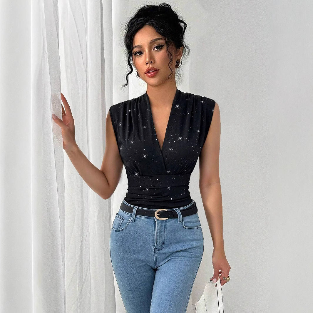 Summer Women V neck Shiny Sequined Decorative Sleeveless Top