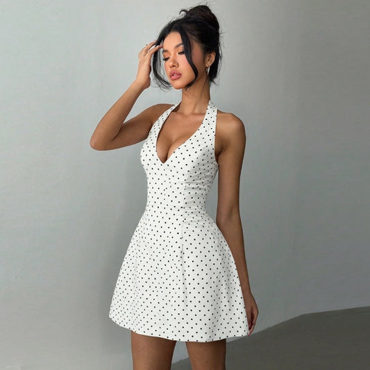 Polka Dot Halter Strap Backless Dress