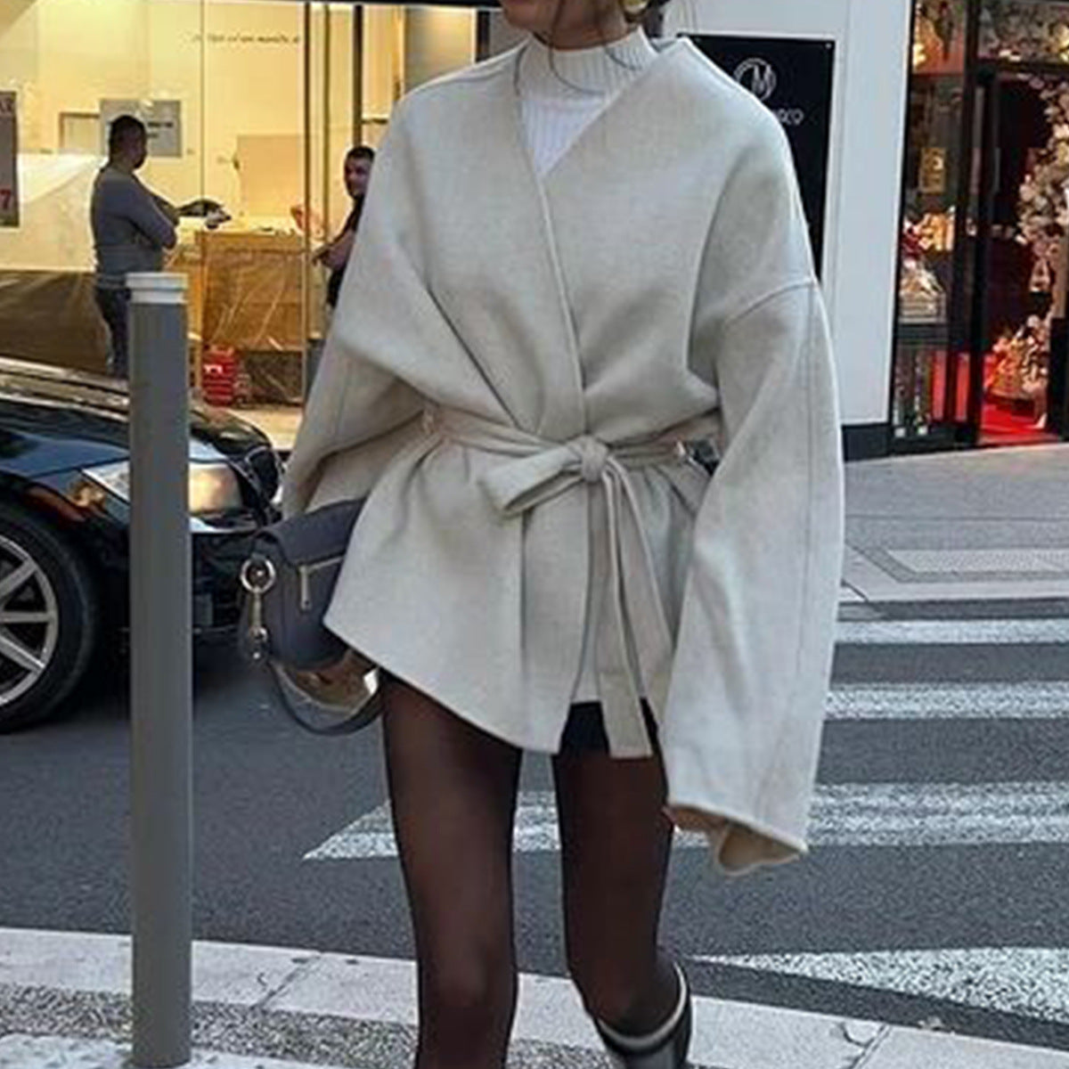 Lady Solid Color Bell Sleeve Belt Trench Coat Women Clothing