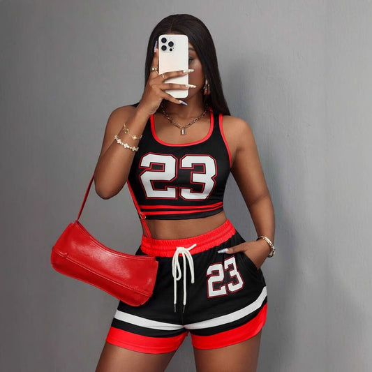 Color Contrast Printed Slim Fit Sexy Sports Vest Short Top Drawstring Shorts Two Piece Sets