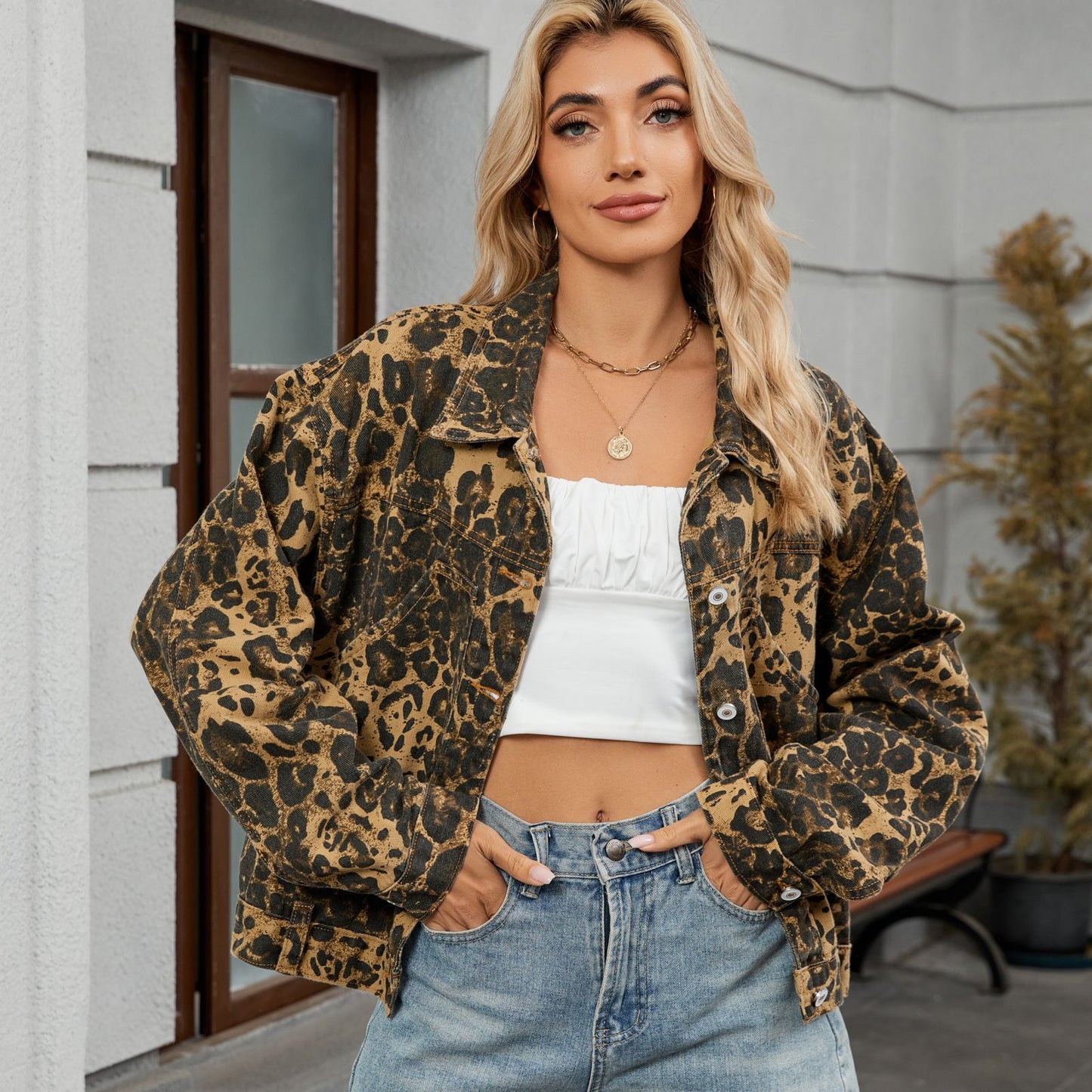 Autumn Leopard Print Patterned Denim Jacket