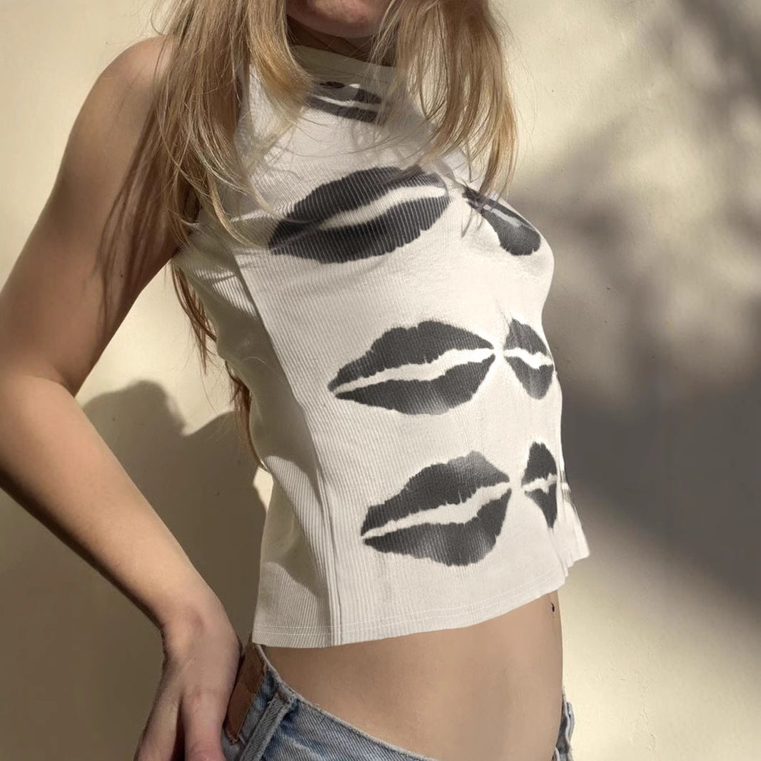 Street Hip Hop Personality Lip Printings Slim Fit Short Vest Sexy Exposed Cropped Casual Top