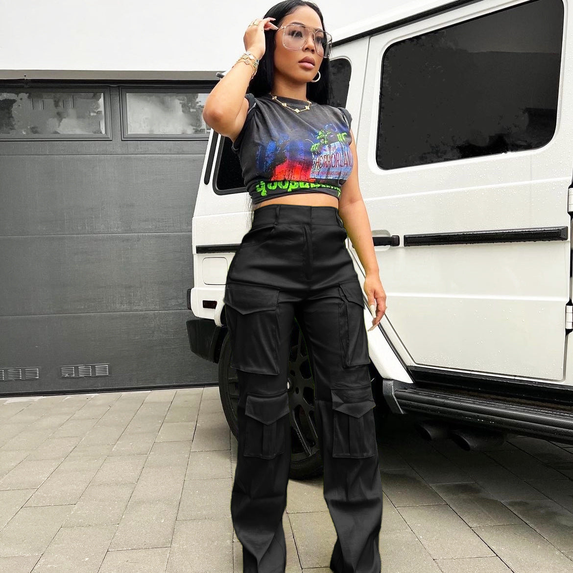 Casual Women Solid Color Multi Pocket Workwear Trousers