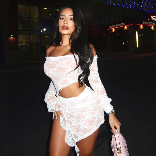 Long Sleeved Cropped Lace Sexy off the Shoulder Two -Piece set