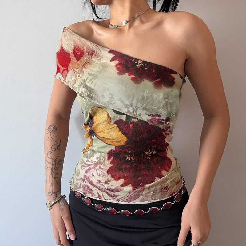 Summer Women Clothing Street Sexy off Shoulder Retro Printed Slim Design Short Sleeve T shirt for Women
