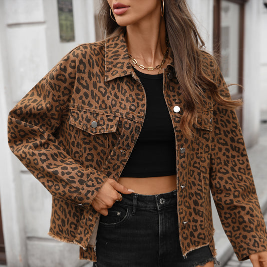 Leopard Print Denim Short Coat