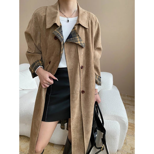 Faux Suede Double Sided Wear Retro Plaid Trench Coat