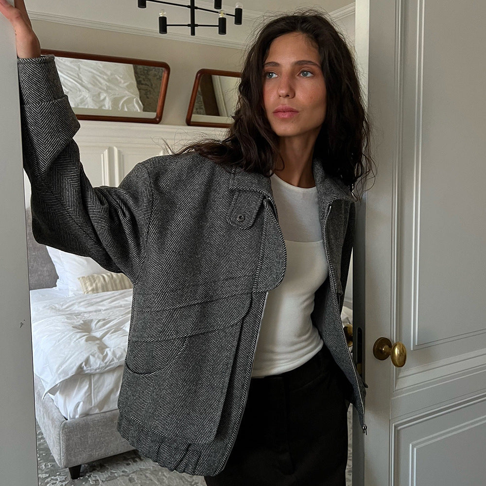 Herringbone Pattern Stand Collar Jacket