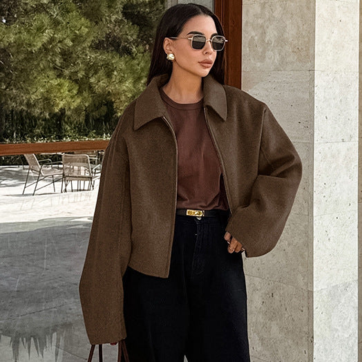 Polo Collar Long Sleeve Zipper Woolen  Casual Women Jacket