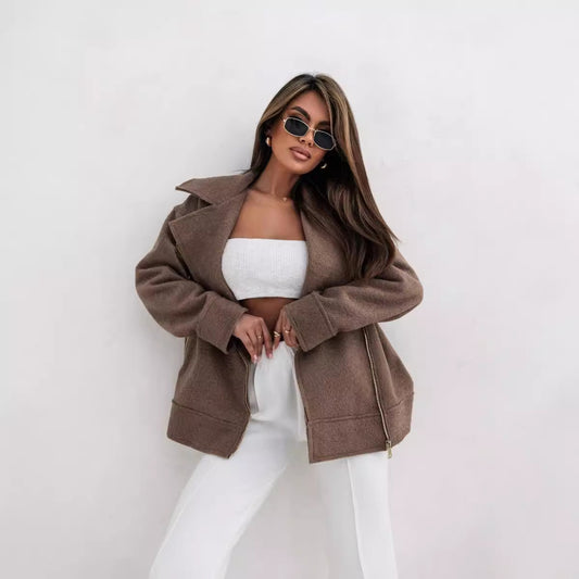 Woolen Brushed Zipper Coat