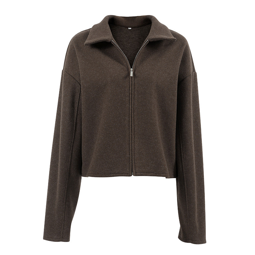 Polo Collar Long Sleeve Zipper Woolen  Casual Women Jacket