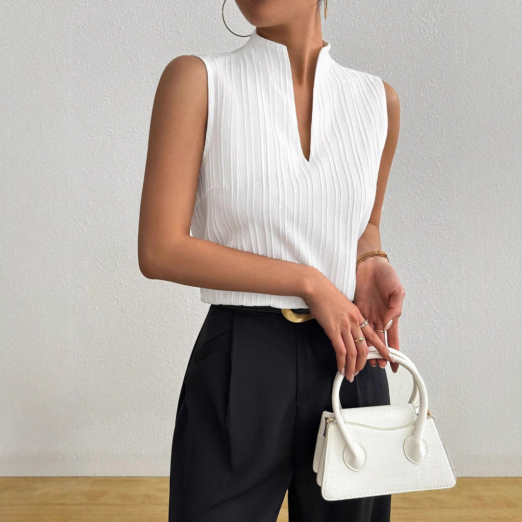 Summer Women Blouse Solid Color V neck Slim Fit Slimming Sleeveless Texture Short Sleeved Casual T shirt