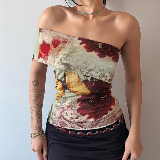 Summer Women Clothing Street Sexy off Shoulder Retro Printed Slim Design Short Sleeve T shirt for Women